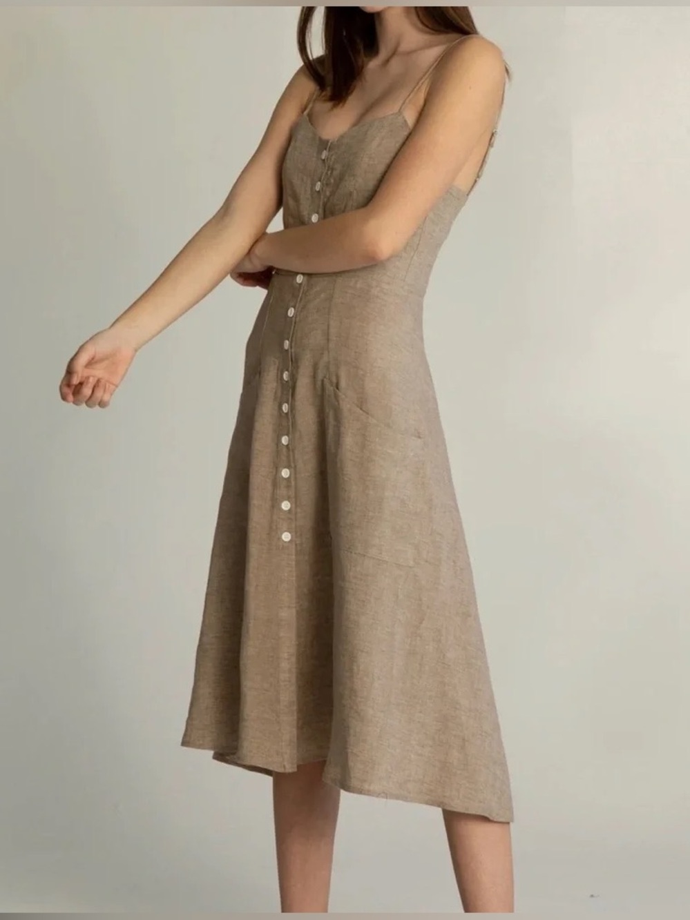 Almina Concept Linen Button Front Midi Dress Sand Tan Pocket Size medium
